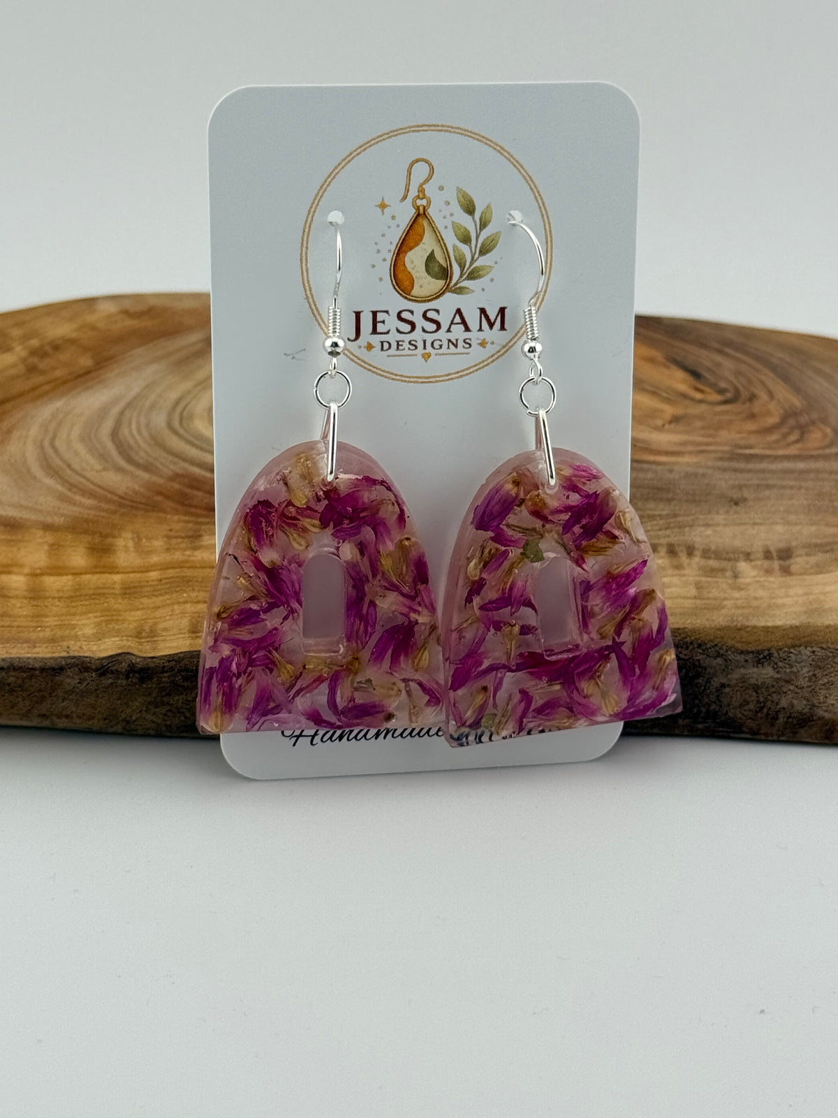 Springtime - Dried Purple Flower Resin Drop Earrings with Pearl Shimmer Back