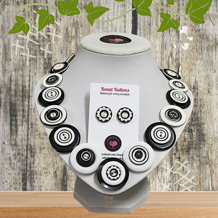 Black and white button necklace and earrings