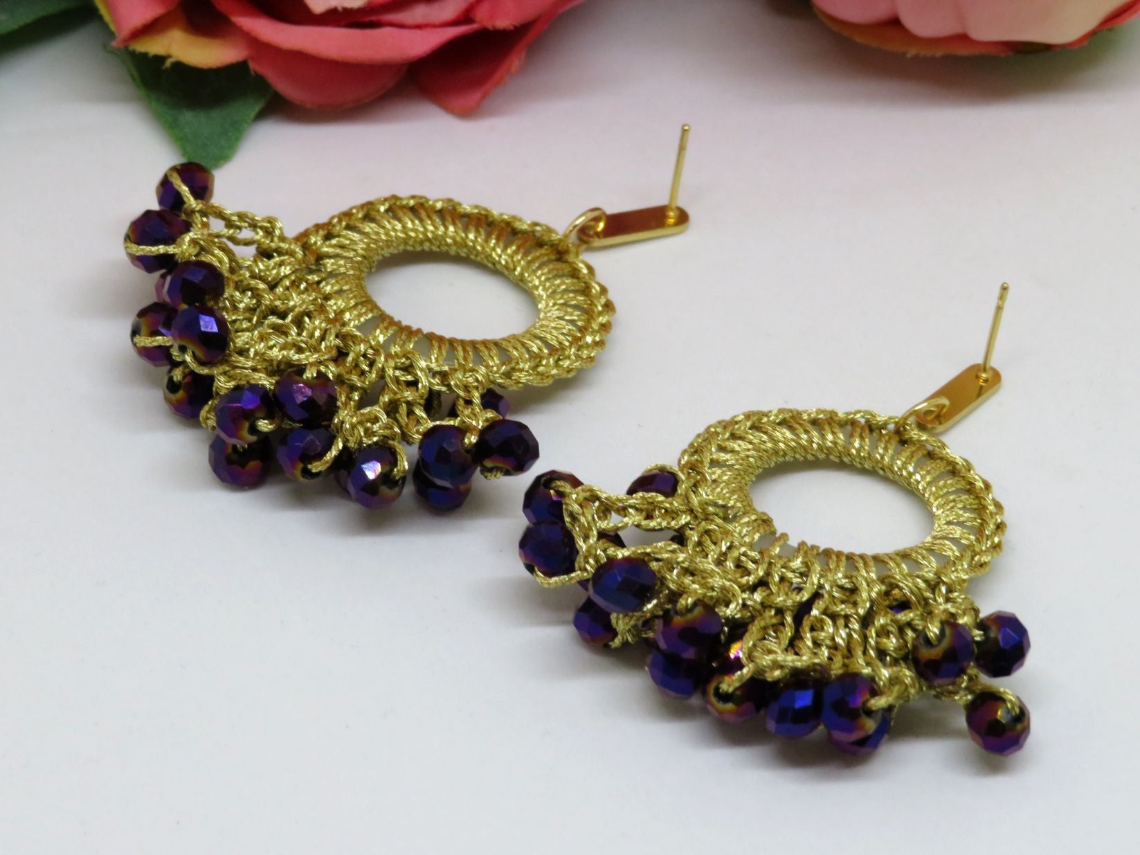 Purple Gold Crochet Boho Thread Chandelier Beaded Earrings