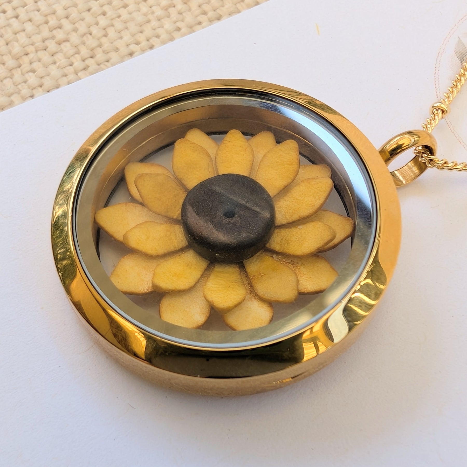 Sunflower Necklace | Handmade Paper Flower Floating Locket | Gold-Plated Chain