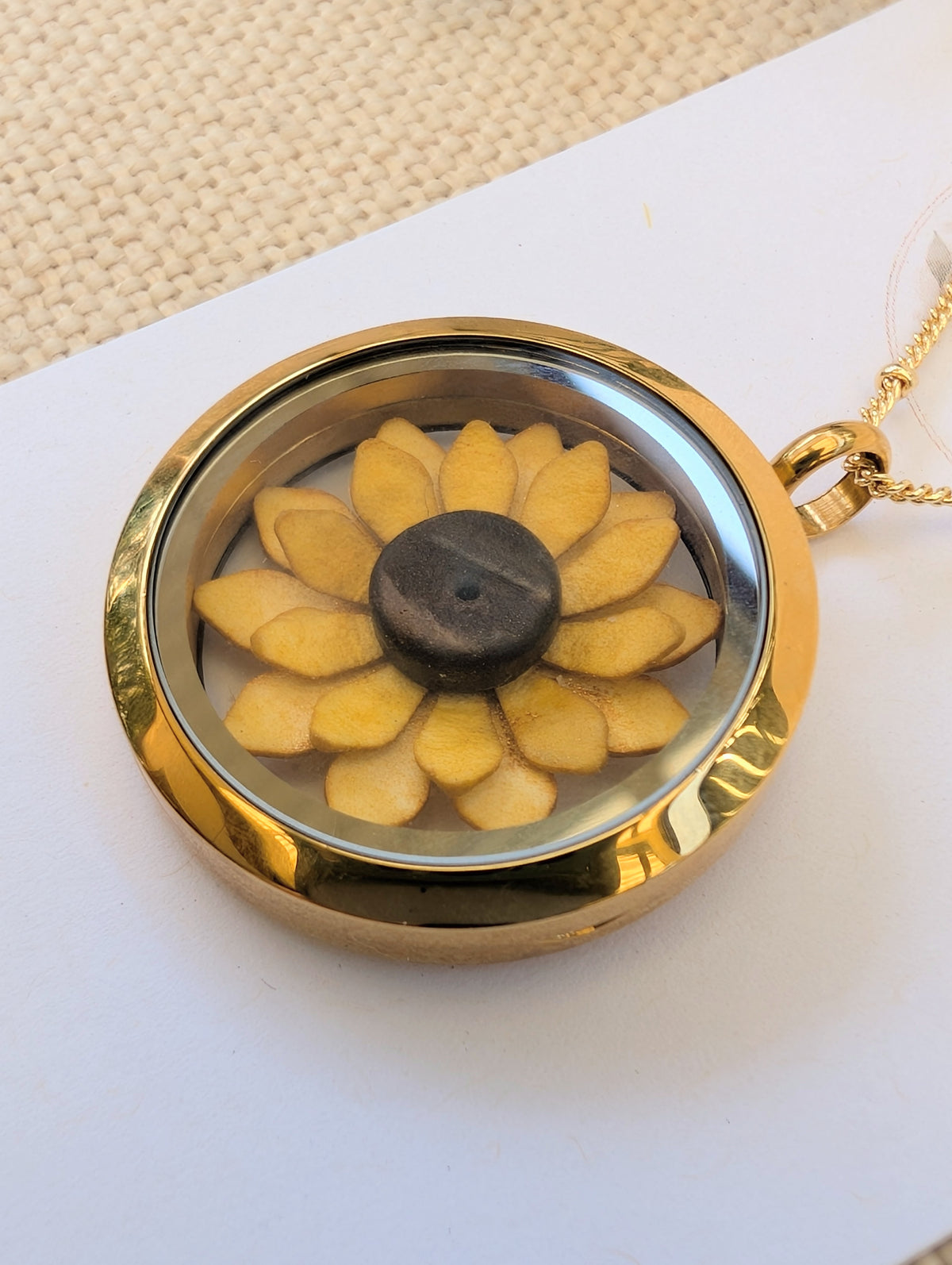 Sunflower Necklace | Handmade Paper Flower Floating Locket | Gold-Plated Chain
