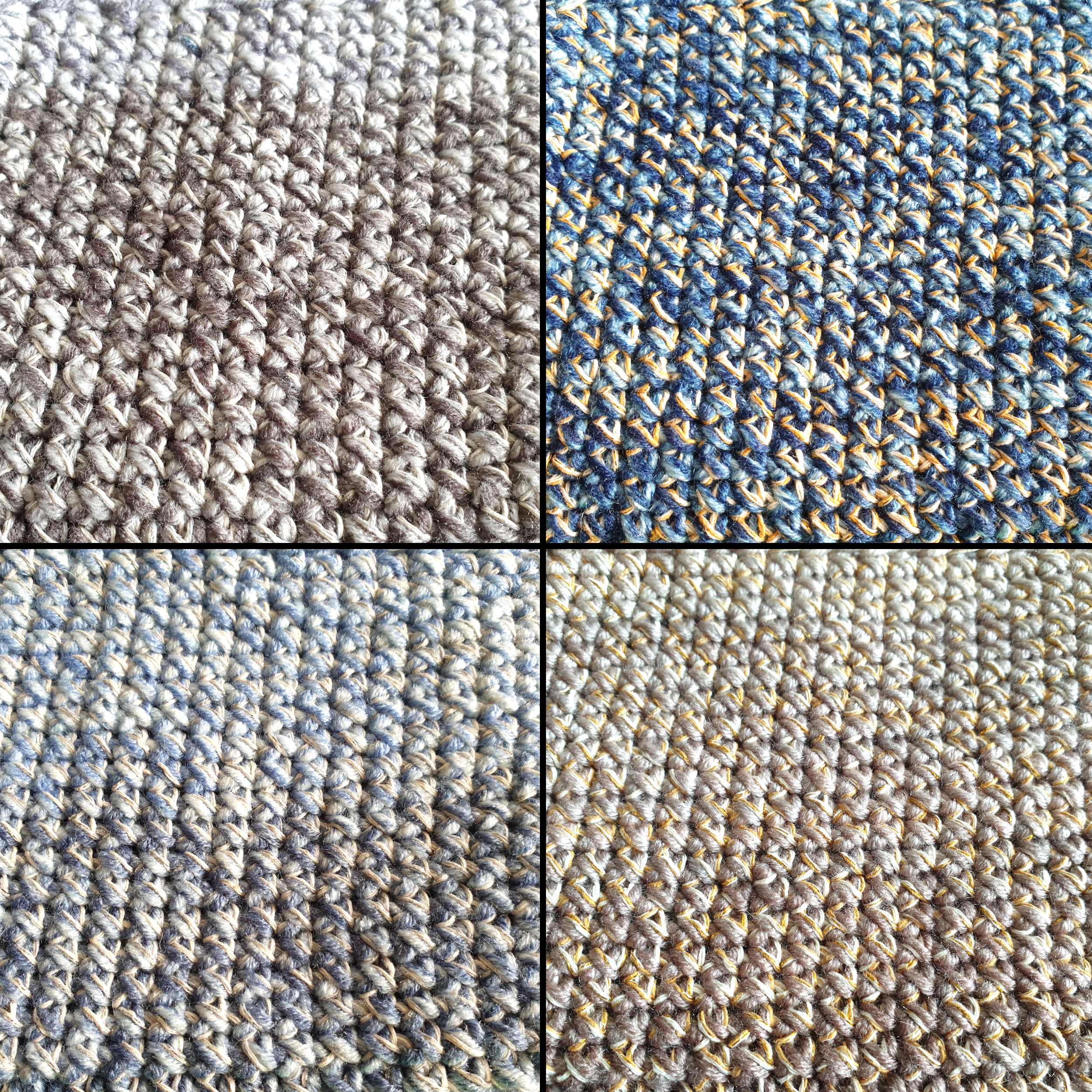 Handmade Zippered Crochet Travel Purse : Blue Gray Brown & Gold Silver mix