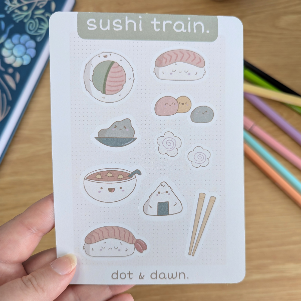 sushi train a6 sticker sheet close up