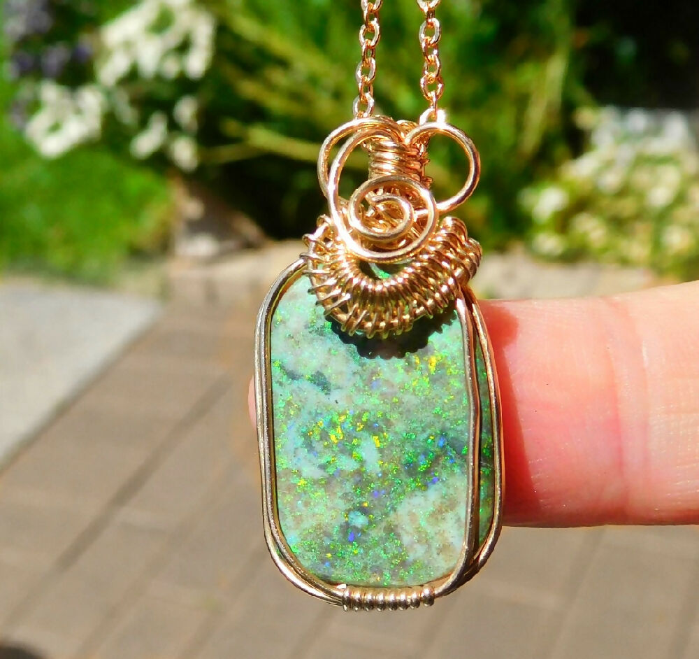 Green Matrix Opal pendant 14k gold filled wire wrapped