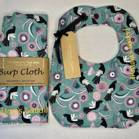 Bib & Burp Cloth Set - Magpies on Green