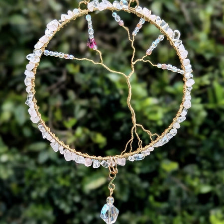 Rose quartz suncatcher with sunflower charm