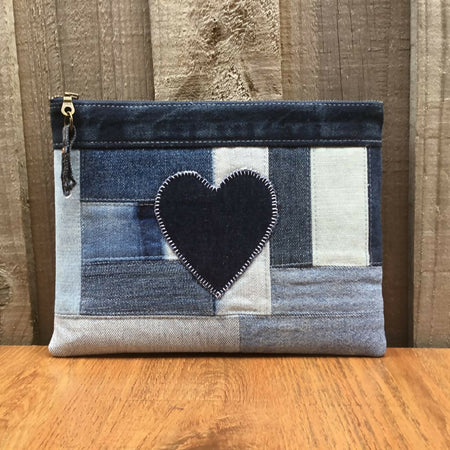 Upcycled Denim Pencil Case – Dark Blue Denim Heart