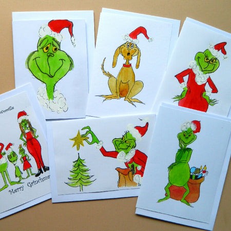 Hand painted novelty Grinch Christmas Cards set of 6