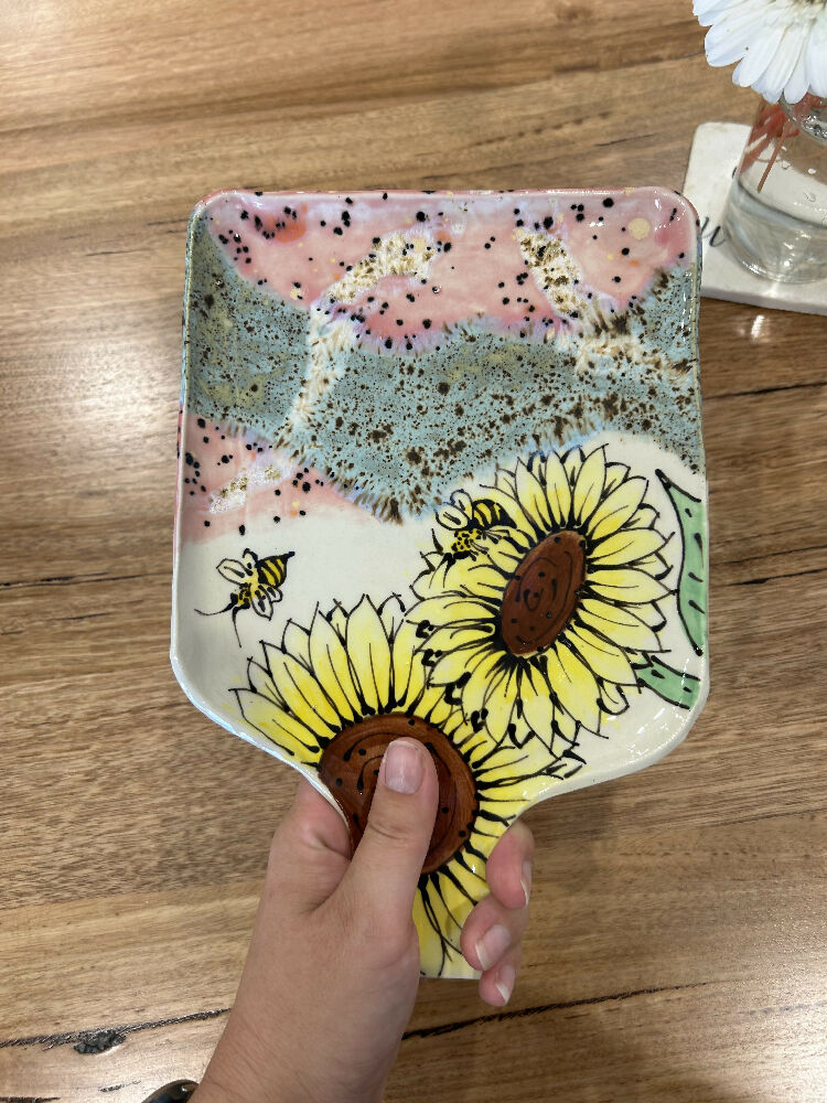 Sunflower and Bee Serving Platter (Pink and Blue)