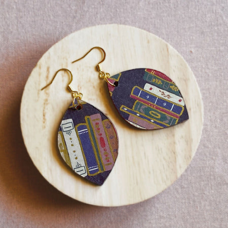 Love Books decoupage on wood dangle earrings