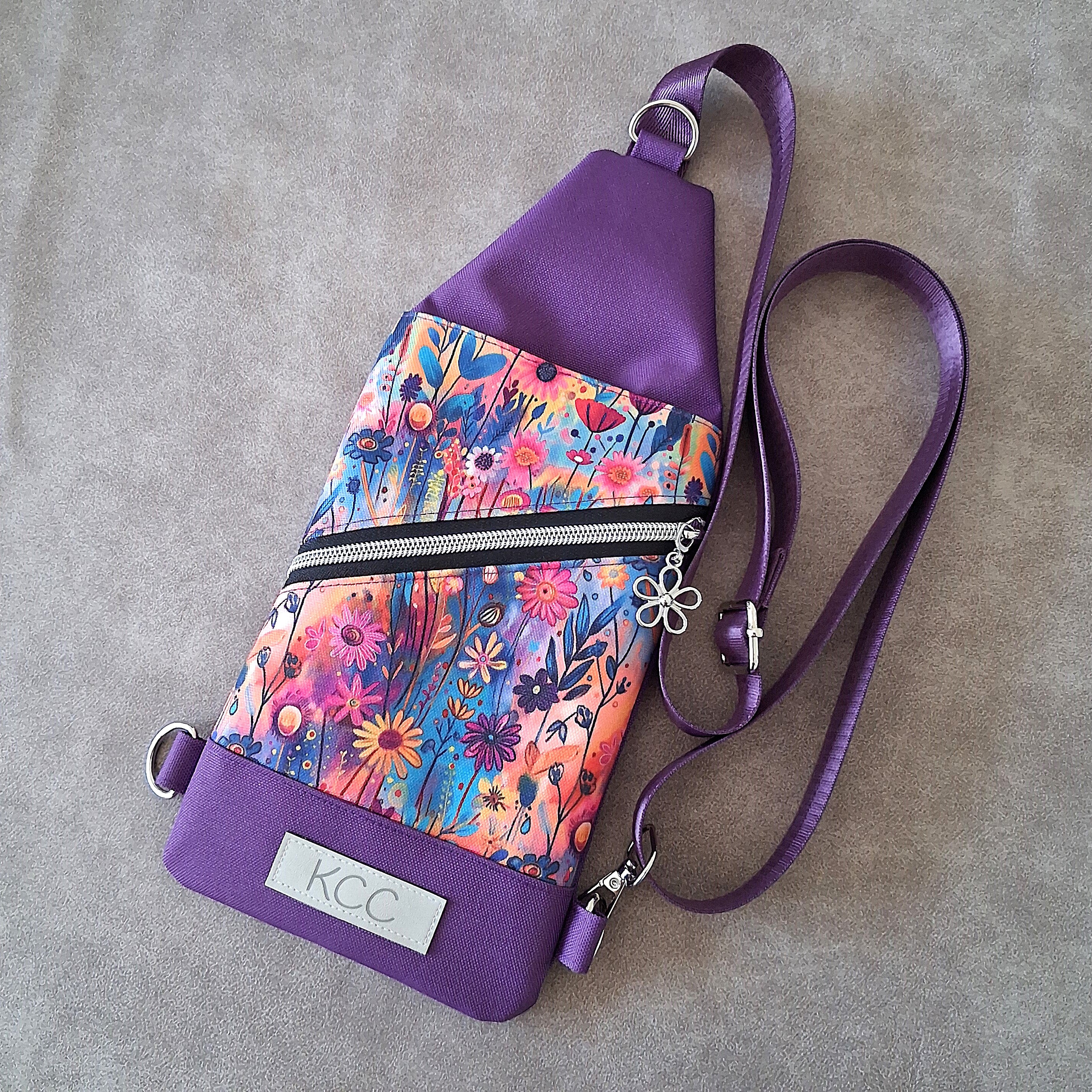 Crossbody Sling – Mini Traveller – Purple Floral - Waterproof Canvas