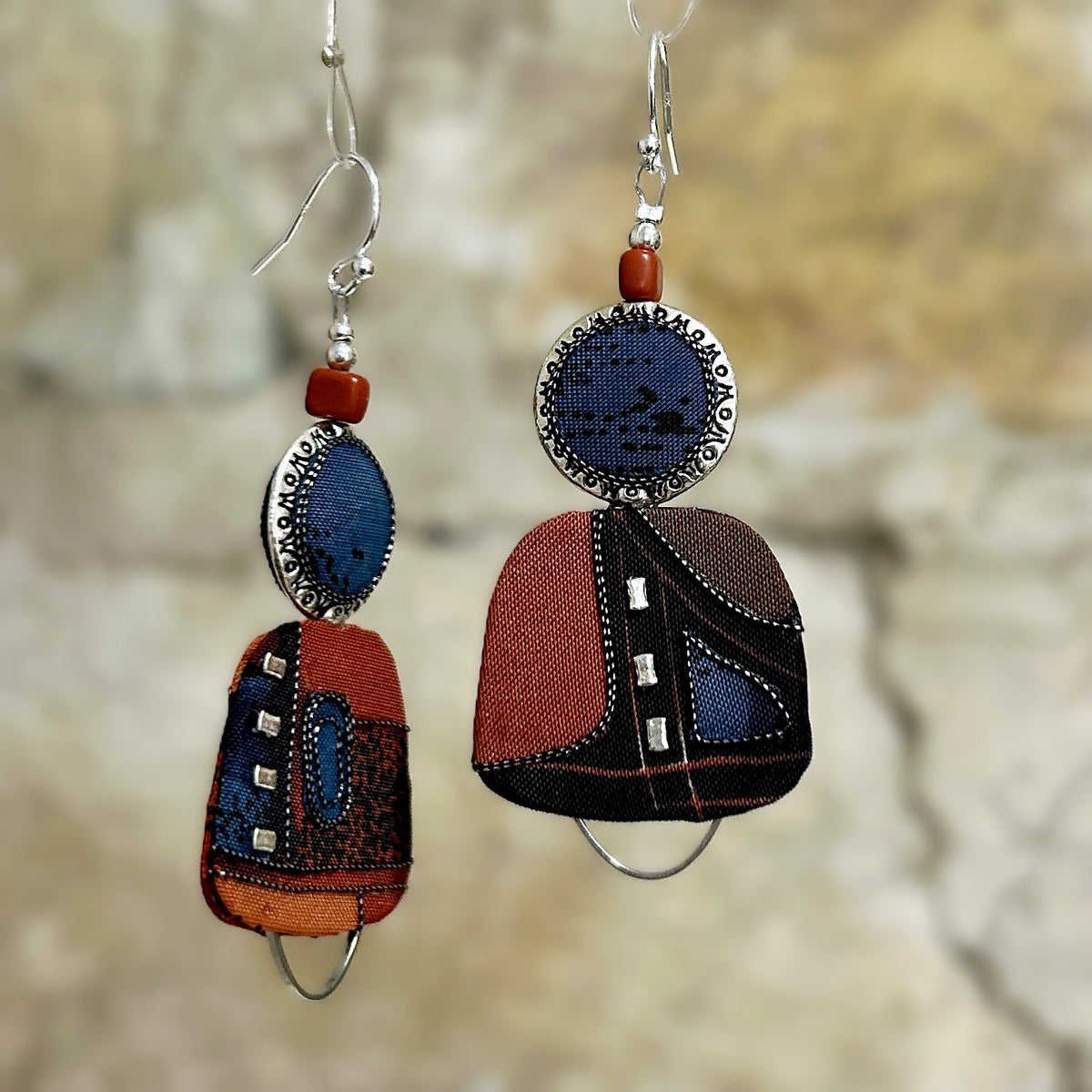 Earrings Asymmetrical Rust Blue Black Silver - EE-191