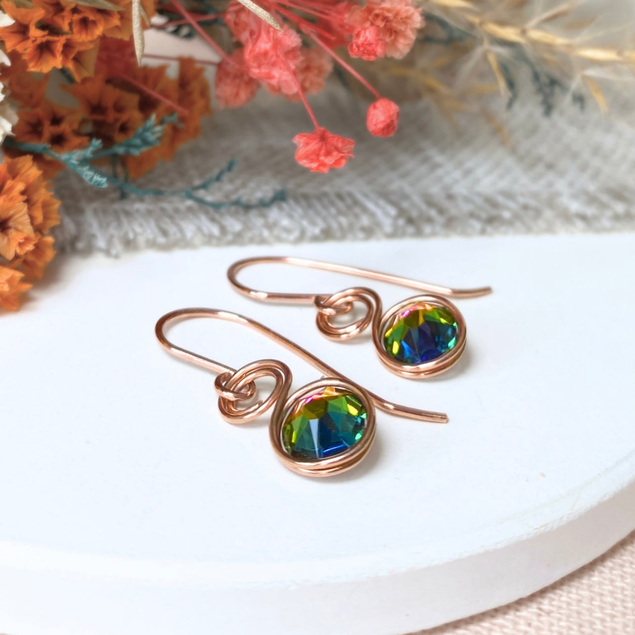 NEW Colour-changing crystal dangle earrings | 14k rose gold-filled | Alexandrite Multicolour | June birthstone gift