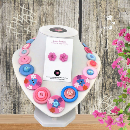 Pink flower necklace and earrings - Rosy Posy