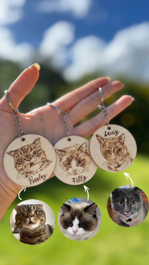 Custom Pet Portrait Key Ring – Handmade Pyrography on Wood