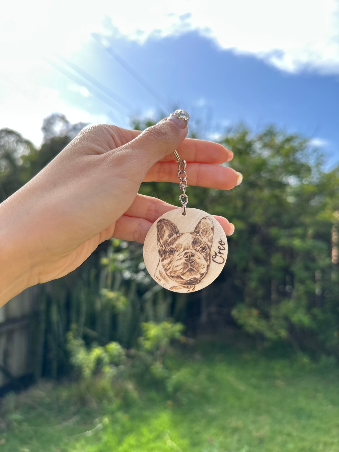 Custom Pet Portrait Key Ring – Handmade Pyrography on Wood