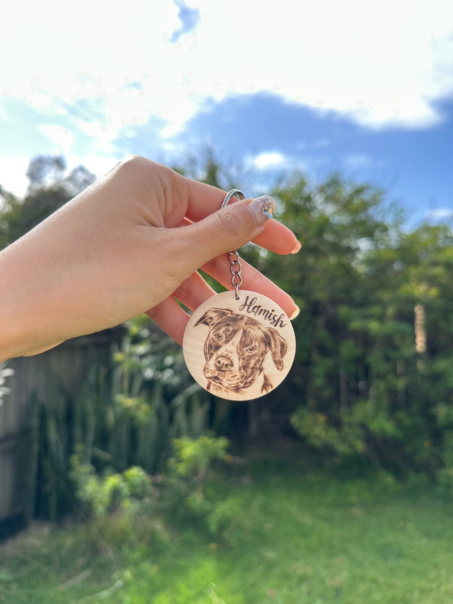 Custom Pet Portrait Key Ring – Handmade Pyrography on Wood