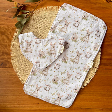 Baby Bib and Burp Cloth Set | Kangaroo Fields | Ready to Ship