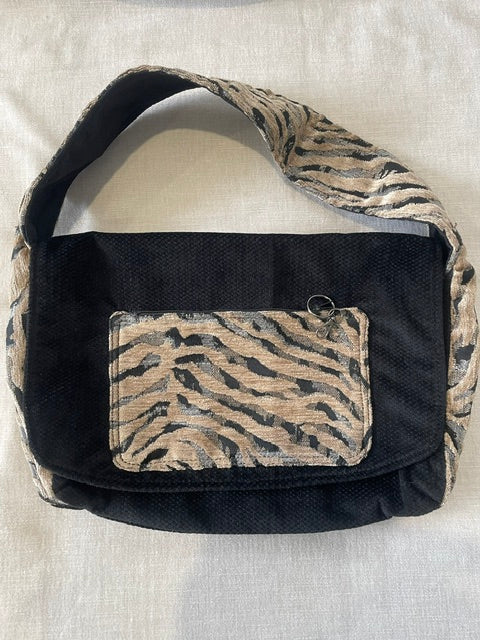 Small Black Textured Velvet Tote/Zebra accents
