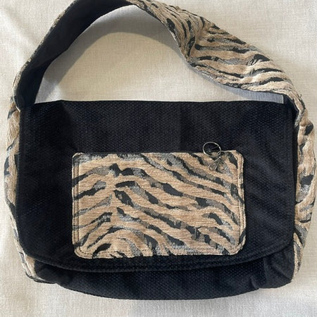 Small Black Textured Velvet Tote/Zebra accents