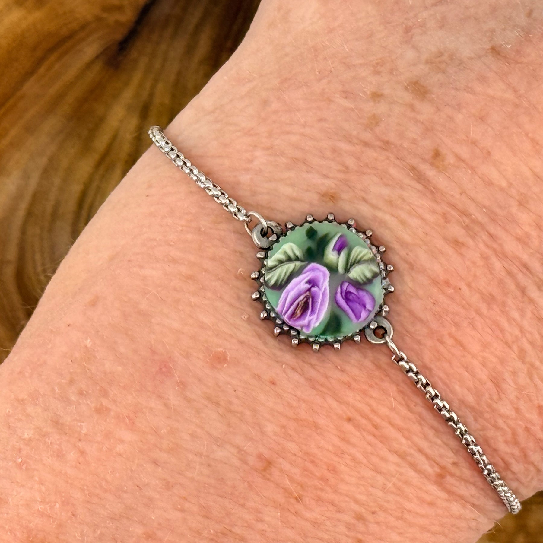 Purple Rose & Leaves Stainless Steel Adjustable Slider Bracelet
