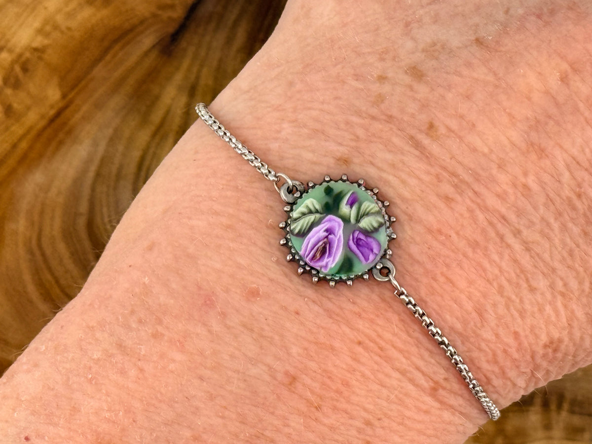 Purple Rose & Leaves Stainless Steel Adjustable Slider Bracelet