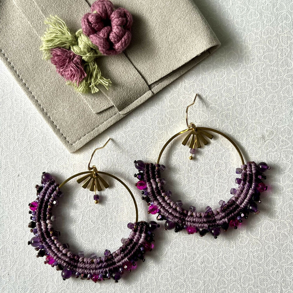 Large Purple Micro Macrame Earrings - Amethyst +Free Microfibre Pouch