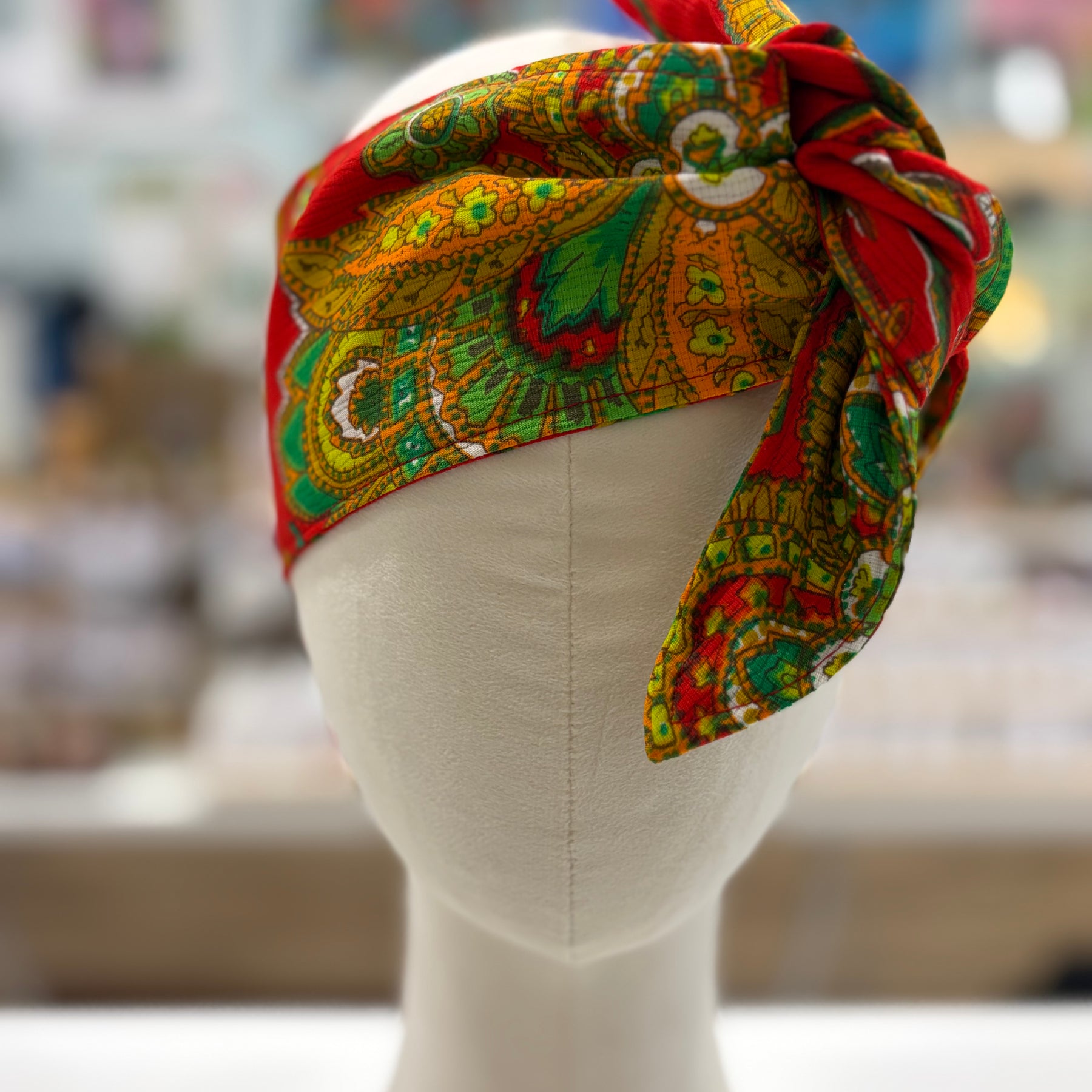 gorgeous red, green paisley vintage fabric head wrap - violetclothing - free postage