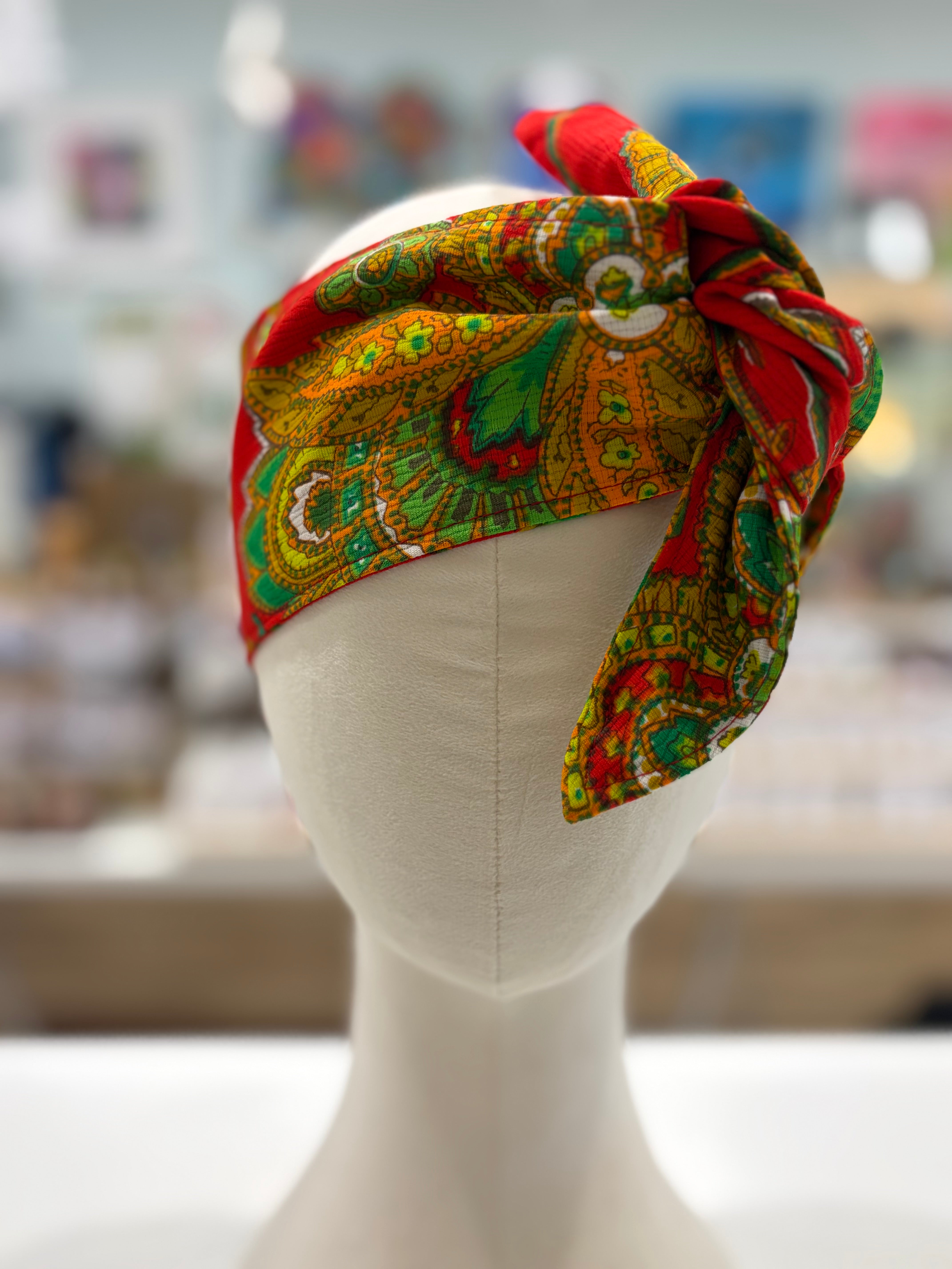 gorgeous red, green paisley vintage fabric head wrap - violetclothing - free postage
