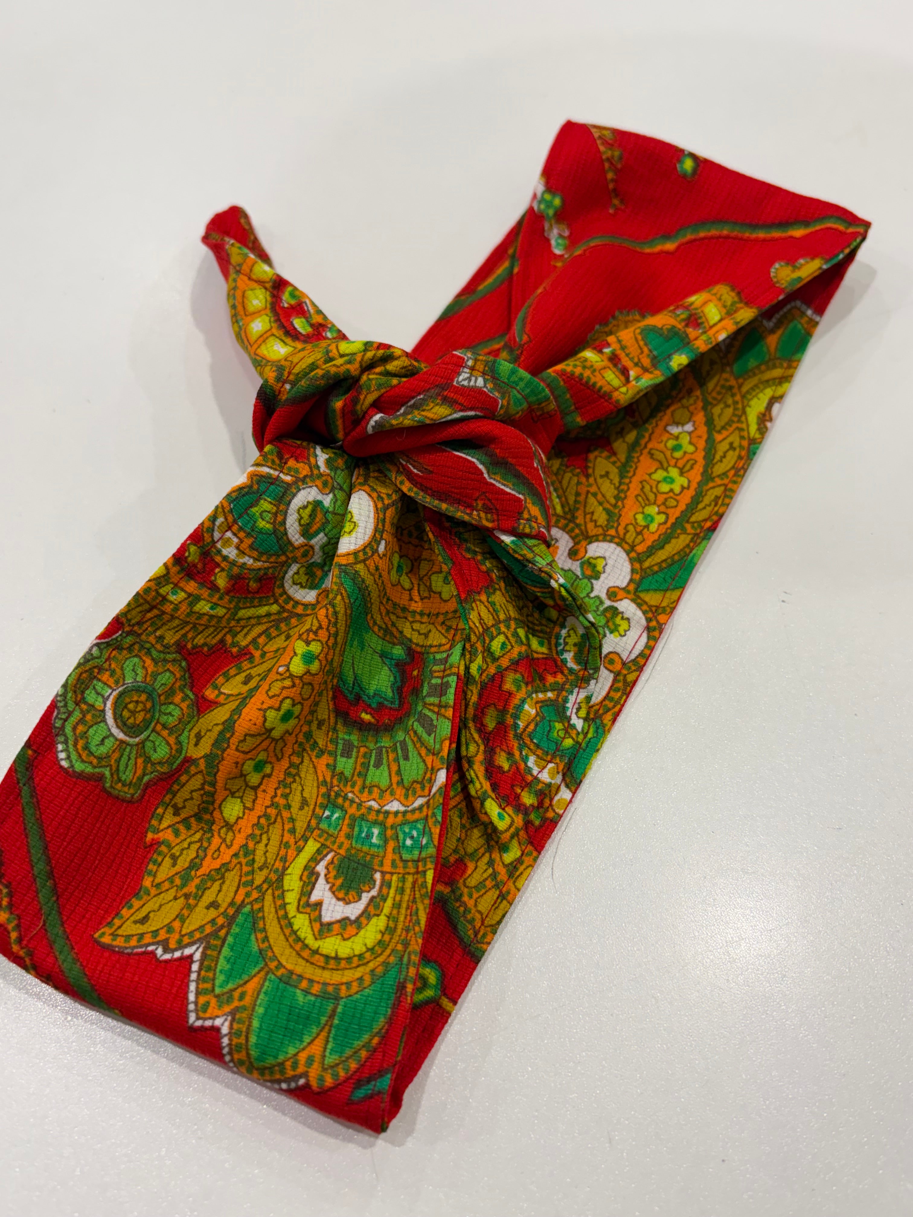 gorgeous red, green paisley vintage fabric head wrap - violetclothing - free postage