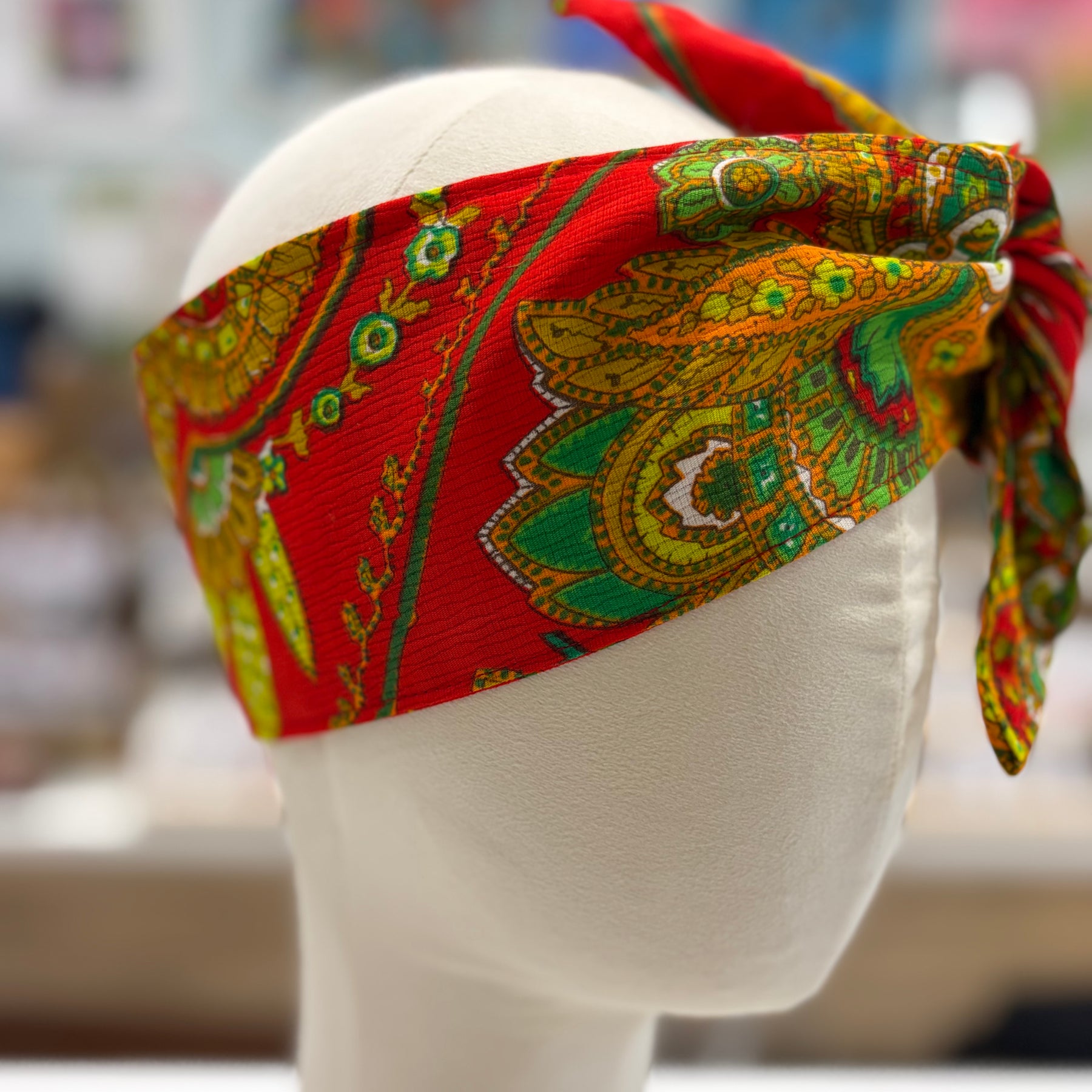 gorgeous red, green paisley vintage fabric head wrap - violetclothing - free postage