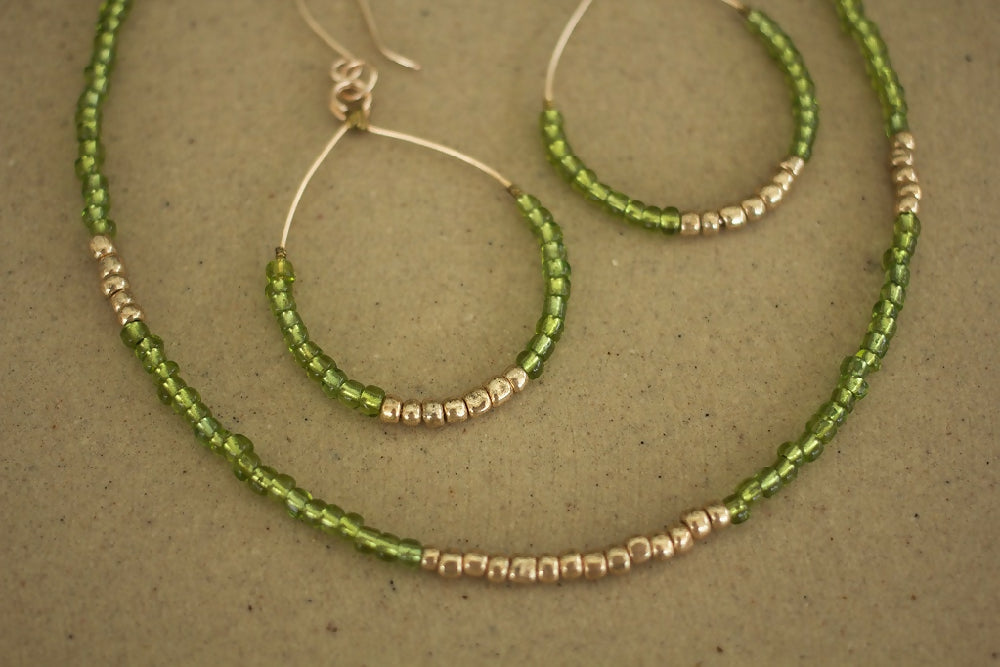 Green and Gold Seed Bead Hoop Earrings
