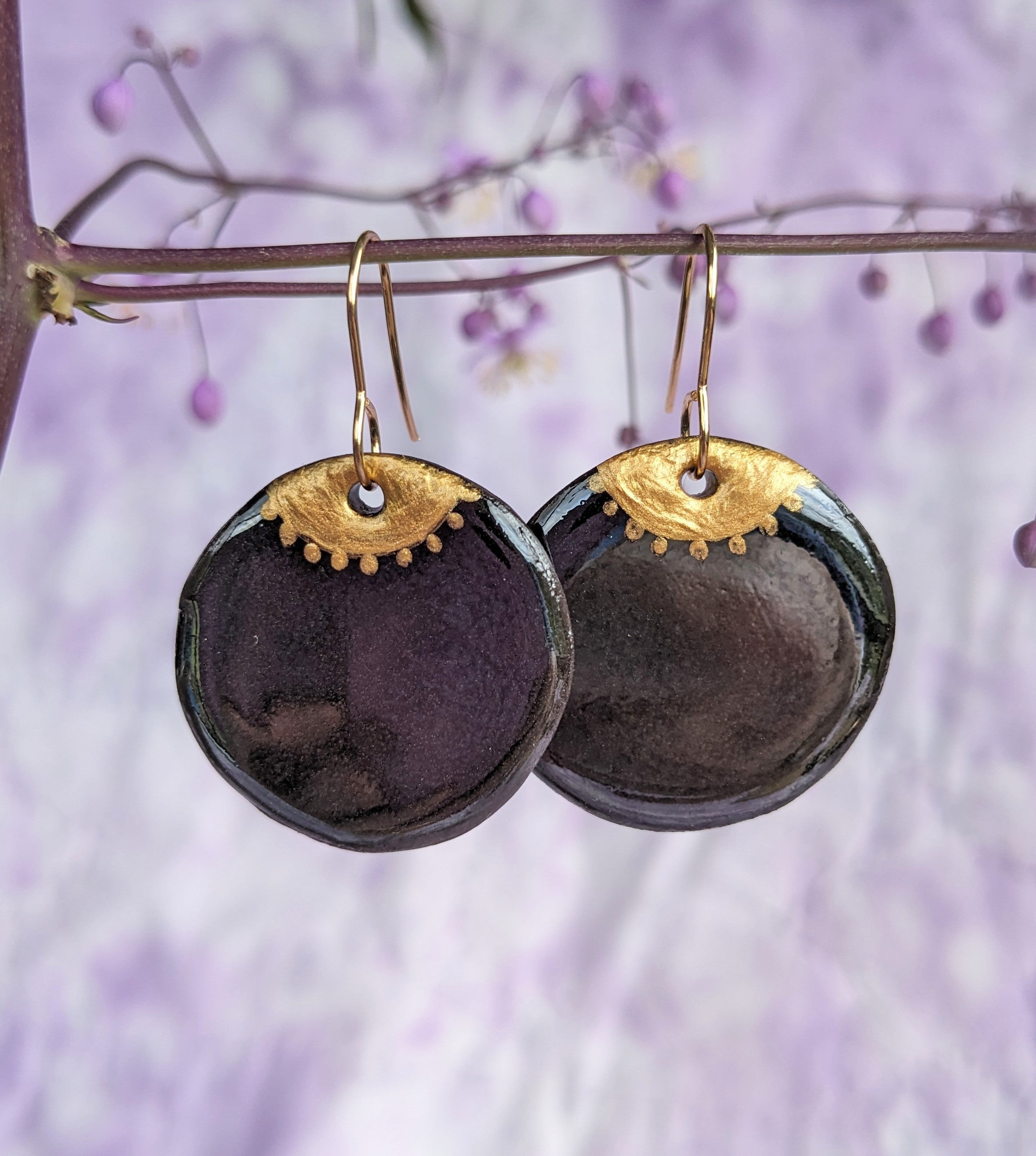 Golden Eye ceramic earrings. Lightweight, dangle earrings.