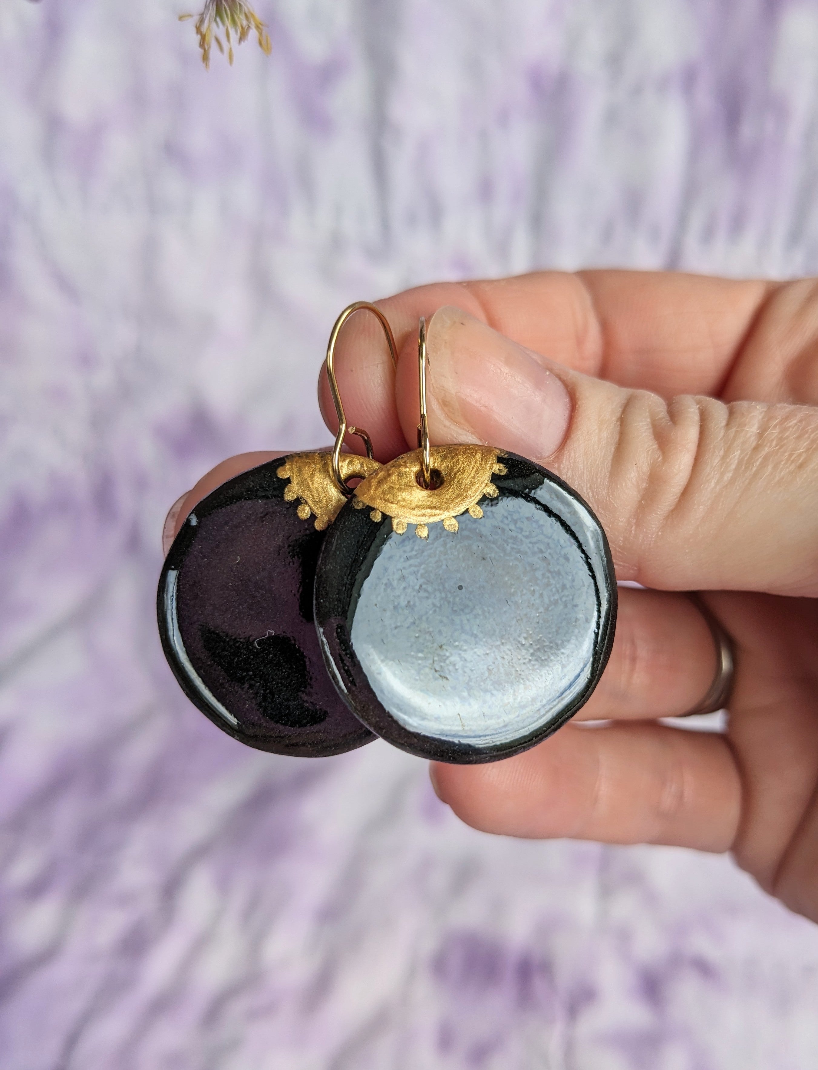 Golden Eye ceramic earrings. Lightweight, dangle earrings.