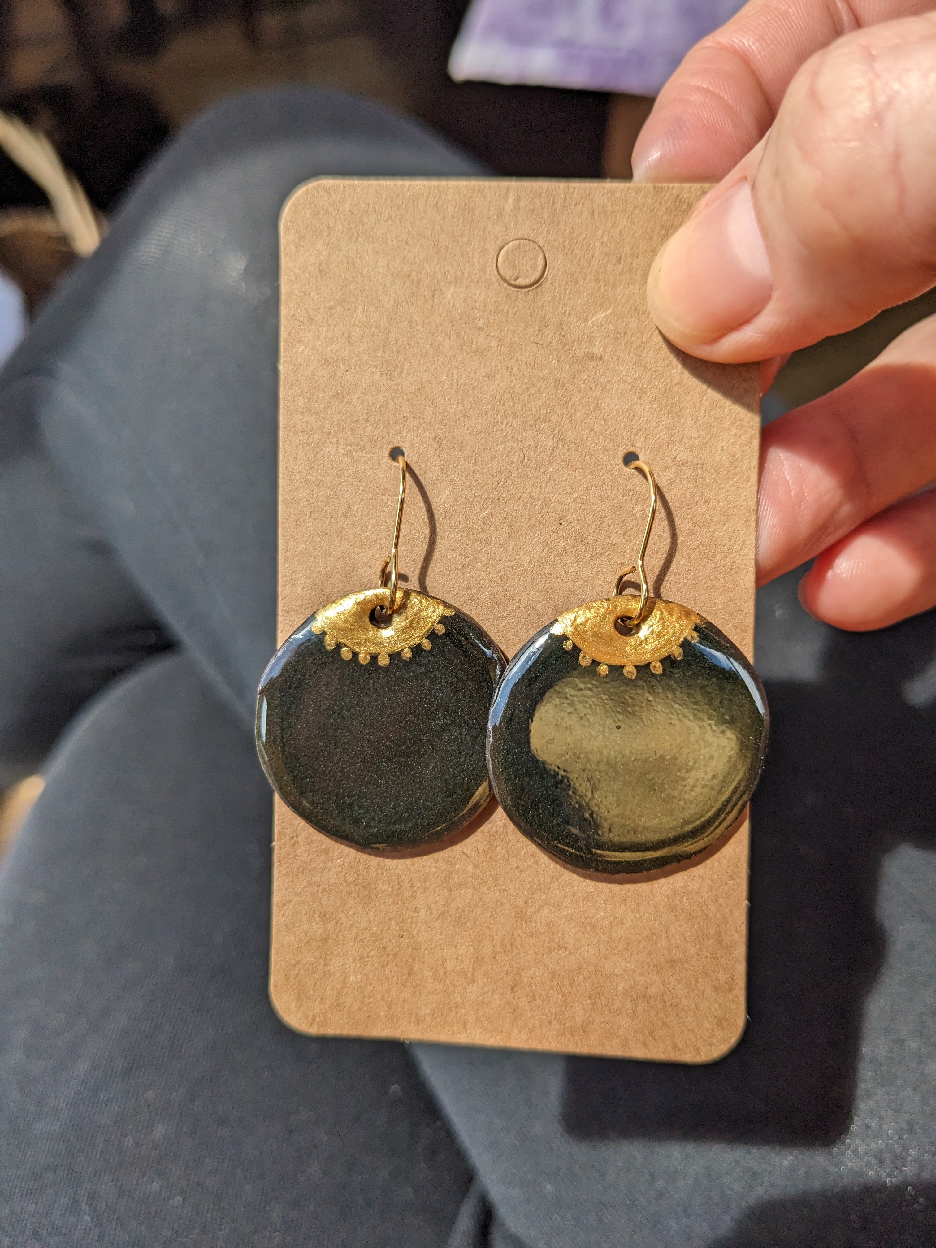 Golden Eye ceramic earrings. Lightweight, dangle earrings.