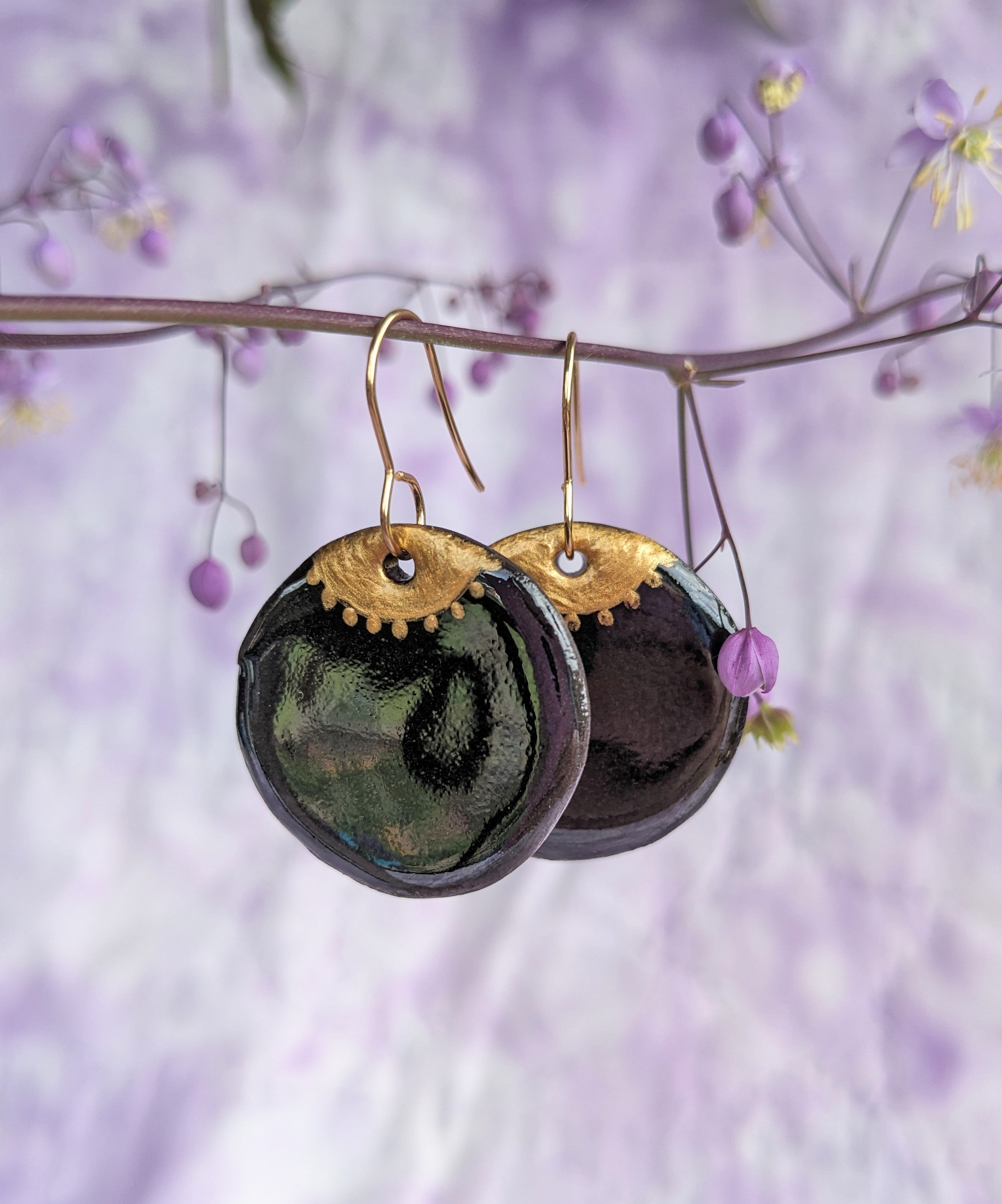 Golden Eye ceramic earrings. Lightweight, dangle earrings.