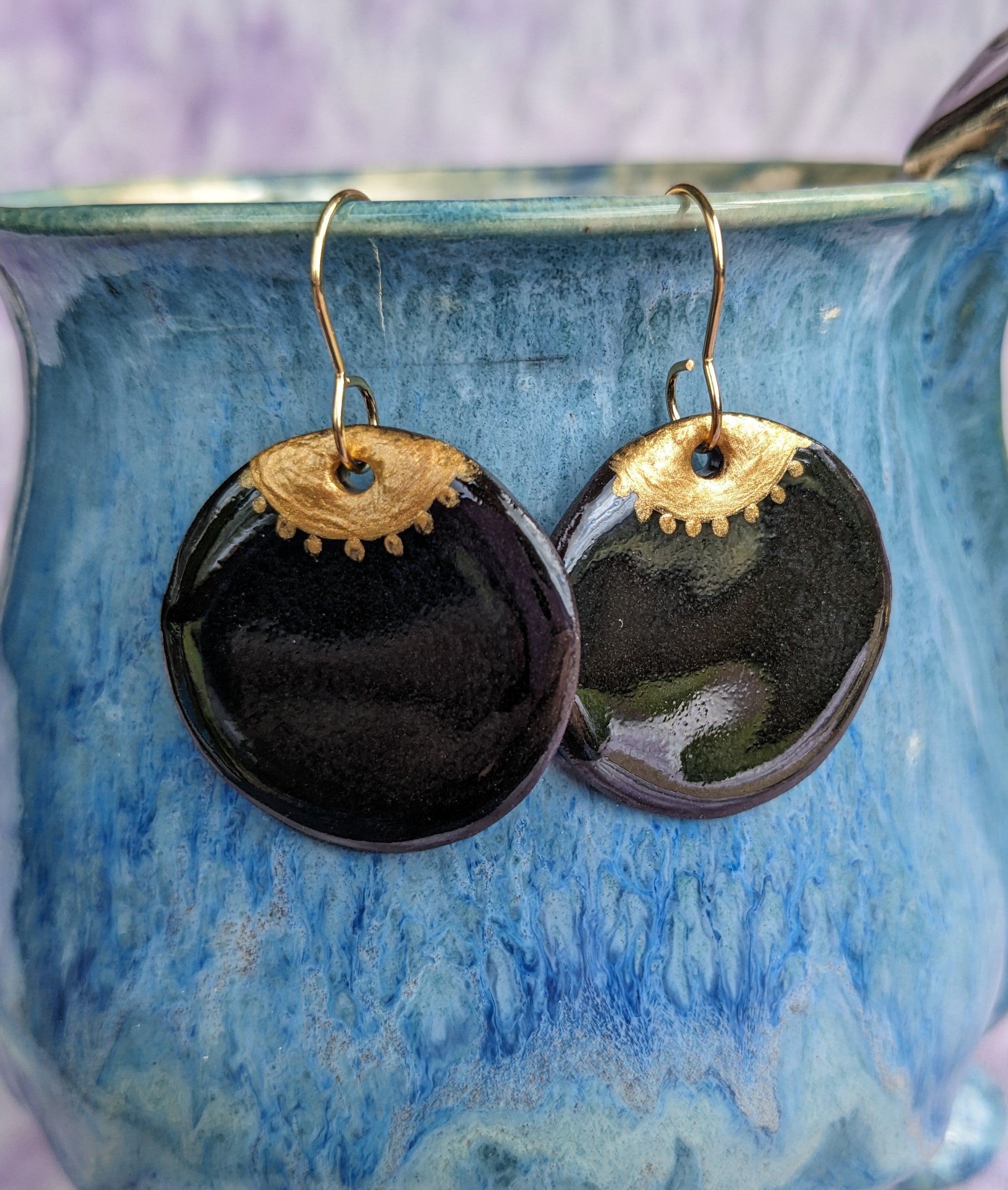 Golden Eye ceramic earrings. Lightweight, dangle earrings.