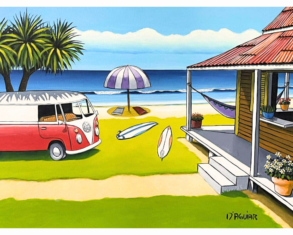 RED KOMBI ON THE BEACH original acrylic art painting