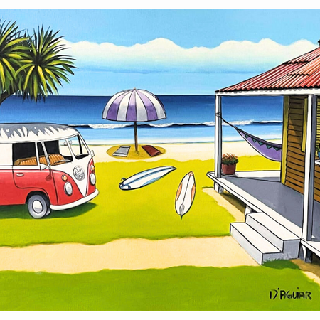 RED KOMBI ON THE BEACH original acrylic art painting