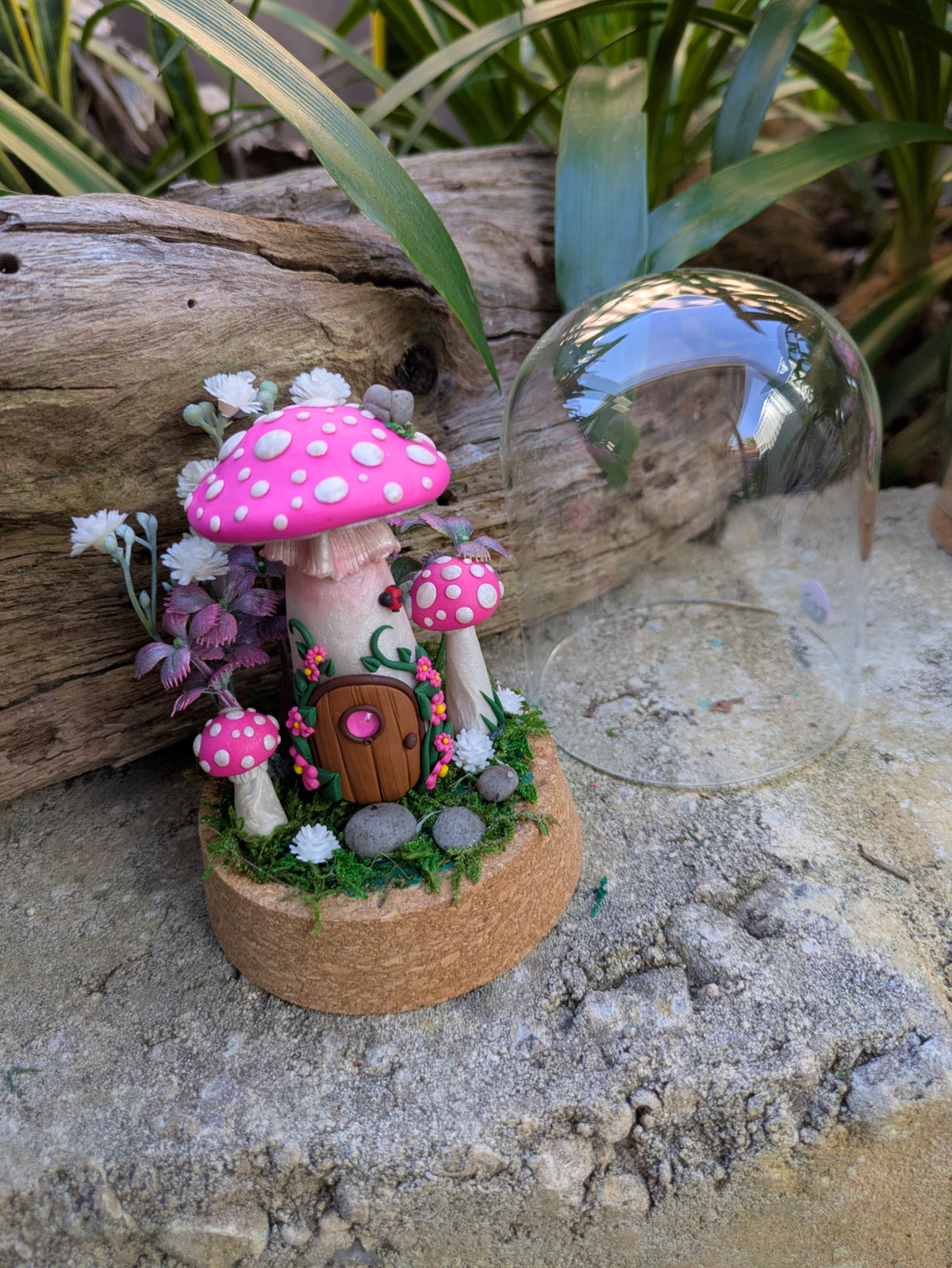 Pink Fairy Mushroom Houses in glass domes