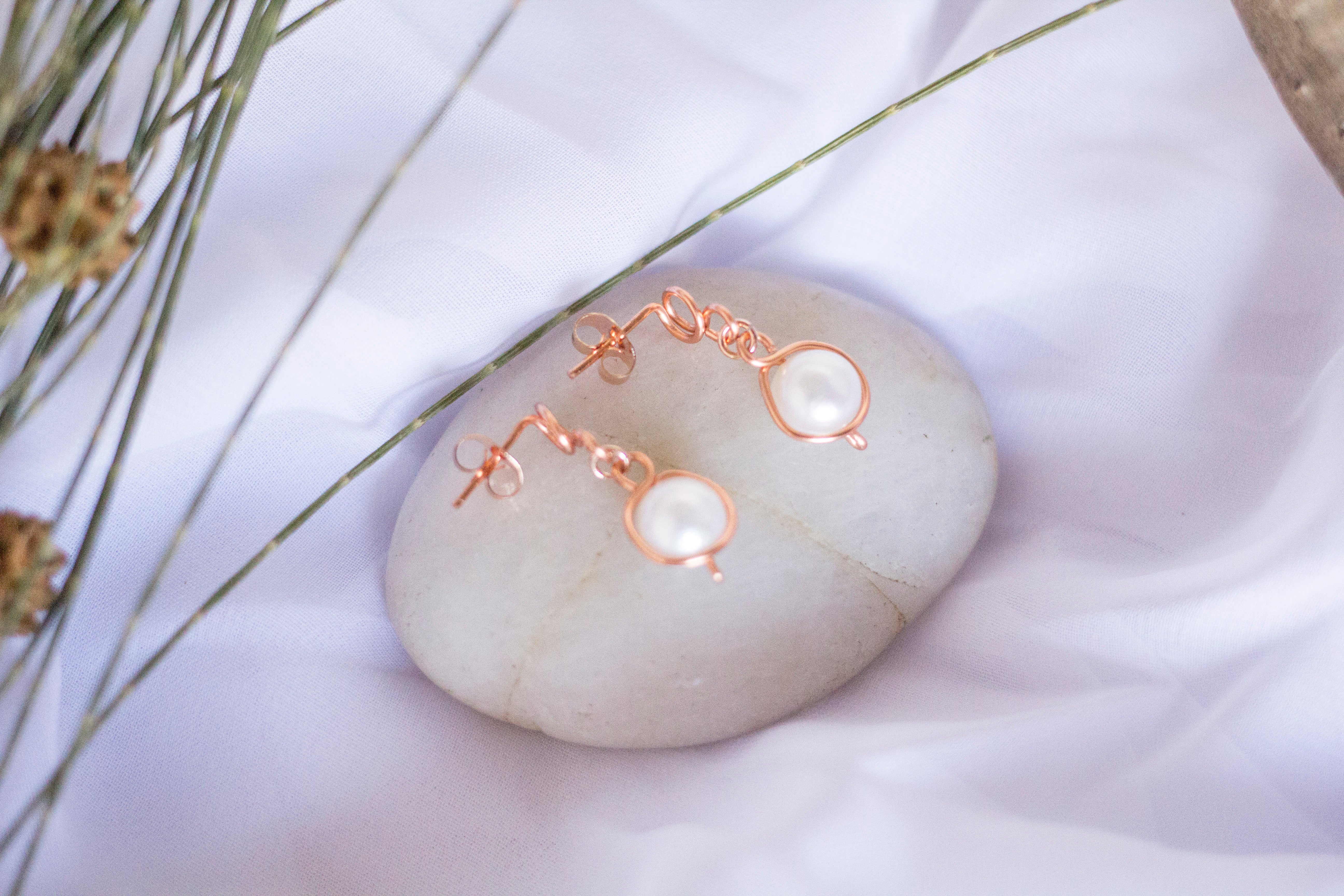 Baroque Pearl Bright Copper Loop Stud Earrings | Rose Gold Coloured
