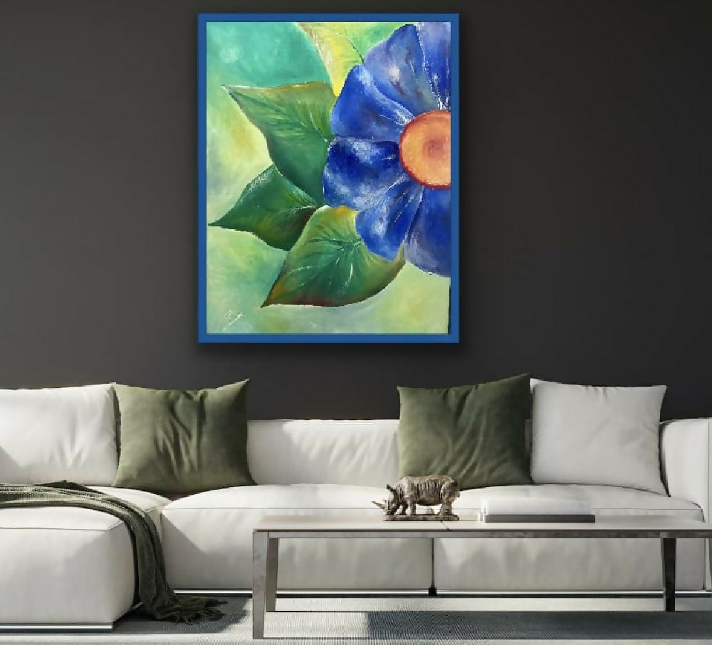 Large original acrylic painting ,on stretched canvas , with stylish blue wooden frame .