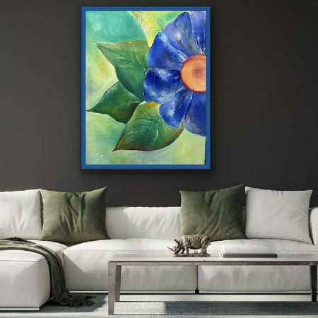 Large original acrylic painting ,on stretched canvas , with stylish blue wooden frame .