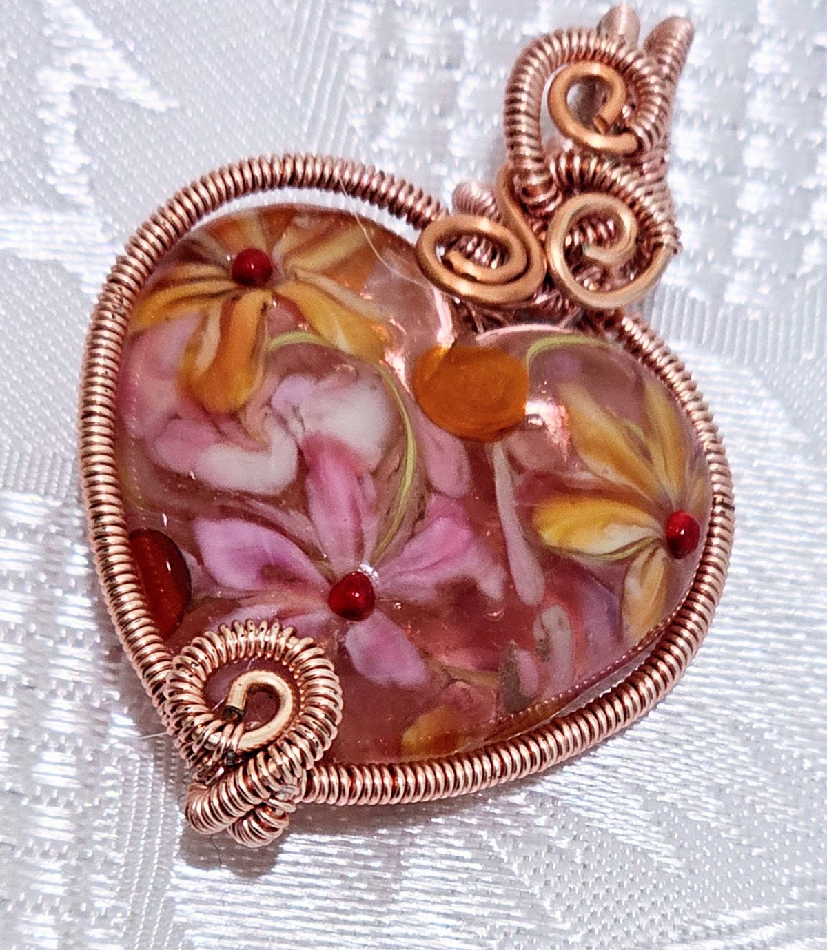 Gorgeous Pink Artisan Made Lampwork Heart Wire Wrapped by me!