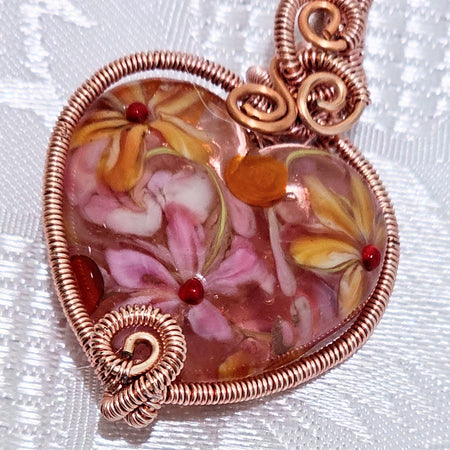 Gorgeous Pink Artisan Made Lampwork Heart Wire Wrapped by me!