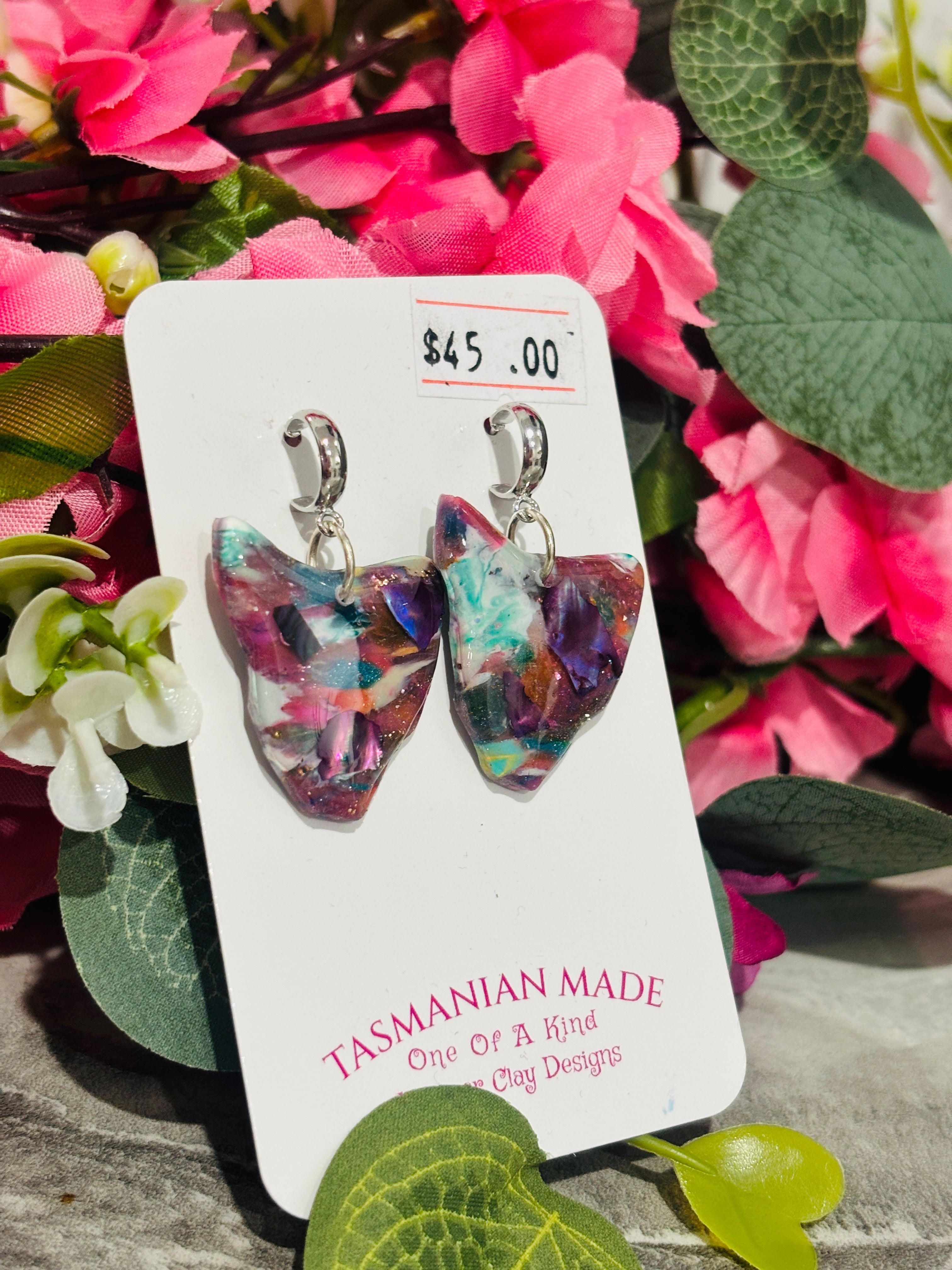 Tasmania Shaped Earrings | One of a Kind Mosaic Polymer Clay Earrings