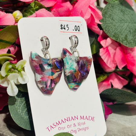 Tasmania Shaped Earrings | One of a Kind Mosaic Polymer Clay Earrings