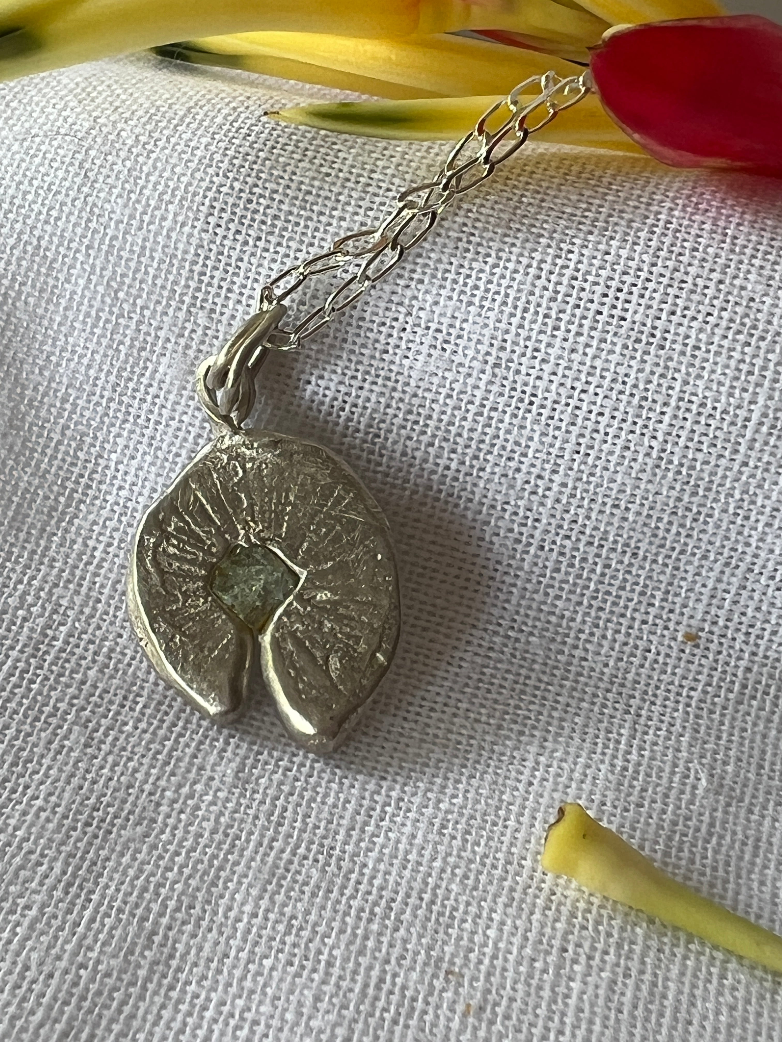 “Spinifex”  Sterling Silver Pendant with pale green sapphire & Sterling Silver Chain