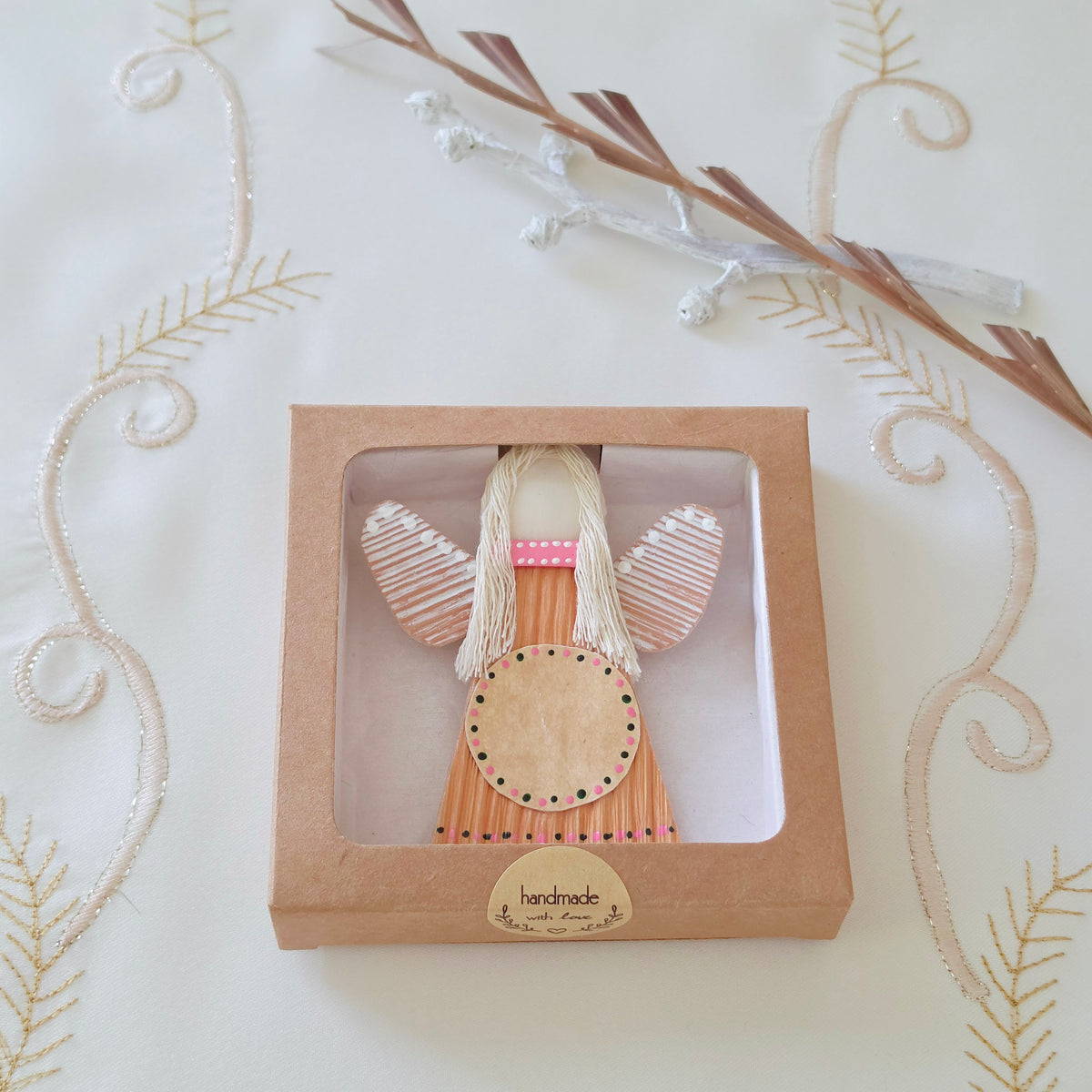Hello - Palm Angel Ornament Greeting Gift, dark green and pink dots