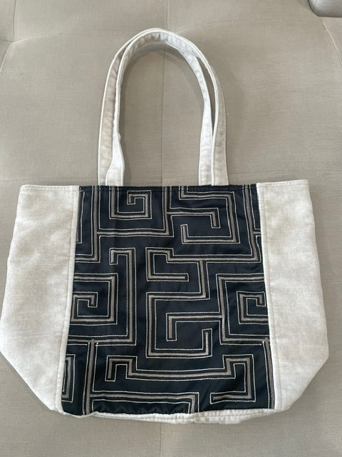 Cream Velvet Tote with Black/Brass Embroidery